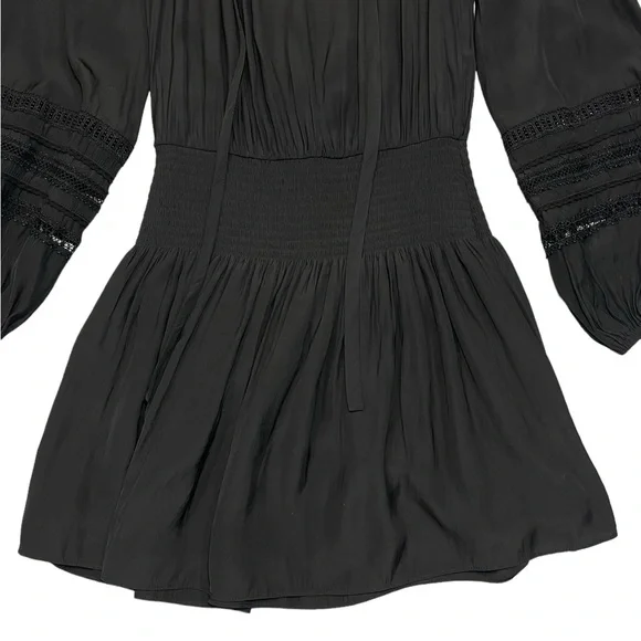 Ramy Brook Rosey Blouson Smocked Mini Dress Black Long Sleeve Tie Neck Size S - Picture 8 of 16